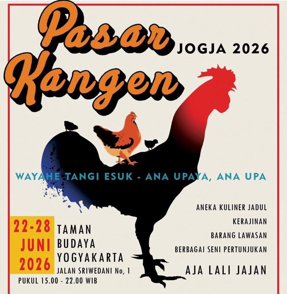 Poster for pasar kangen jogja 2026 featuring a large rooster silhouette and bold orange script text with event details in teal and black